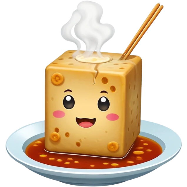 Changsha Stinky Tofu with visible steam and sauce, simplified emoji style with bold outlines and bright colors, cartoon style famous fermented snack emoji