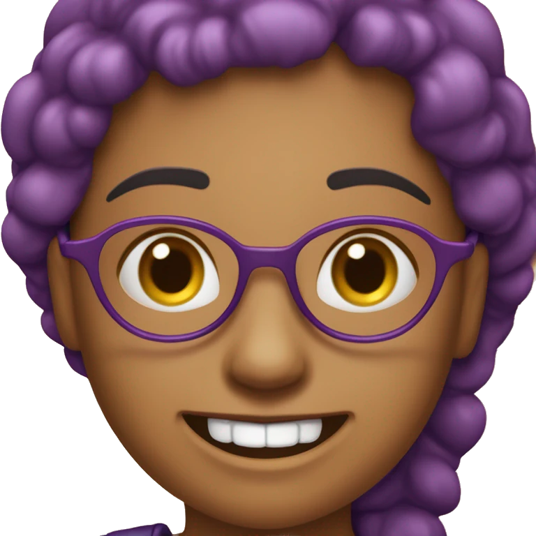 Mulher cabelos curtos despojados de cor ruiva sorrindo mostrando os dentes e de óculos redondo roxo. emoji
