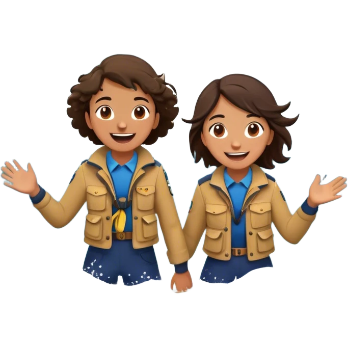 Two friends stand in the ocean, dressed in sexplorer-like clothing—loose that hints at adventure. They splash each other playfully, laughing as the waves crash around them. Their eyes meet, full of joy and appreciation for the moment, completely immersed emoji