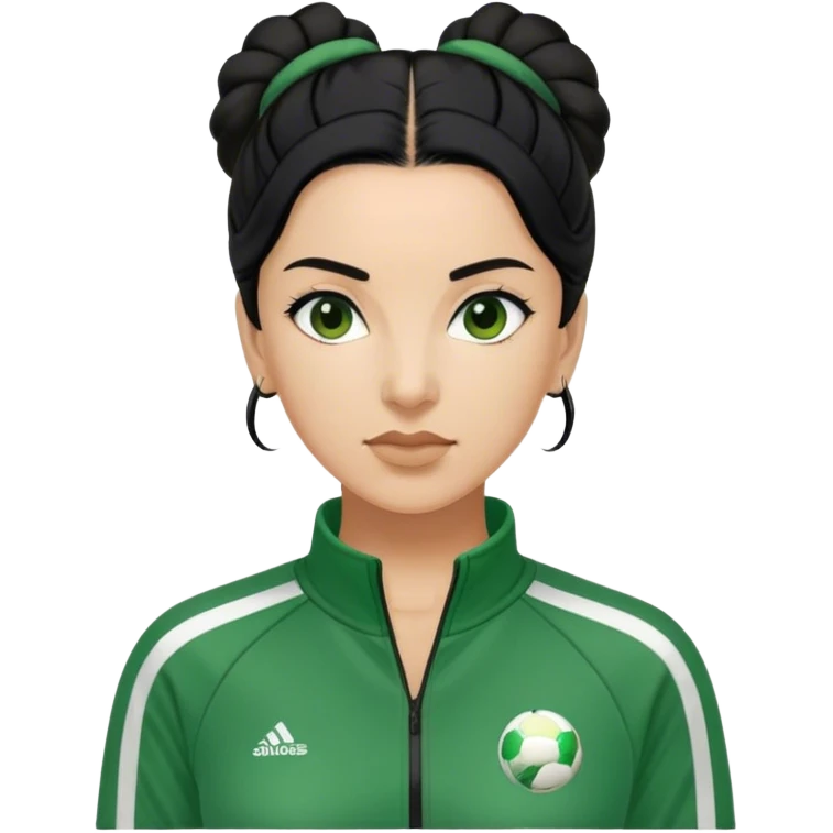 Cha: Age Late 40s, a Asian old woman with black hair tie, Green player tracksuit emoji