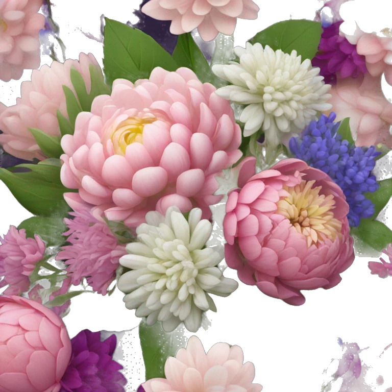 Bouquet with dahlias, baby’s breath, lupines, and peony’s  emoji