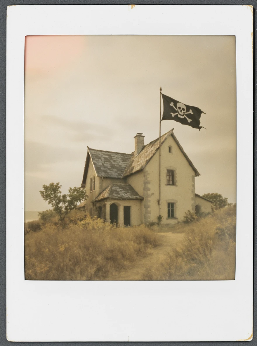 old pirate's house with skull flag emoji