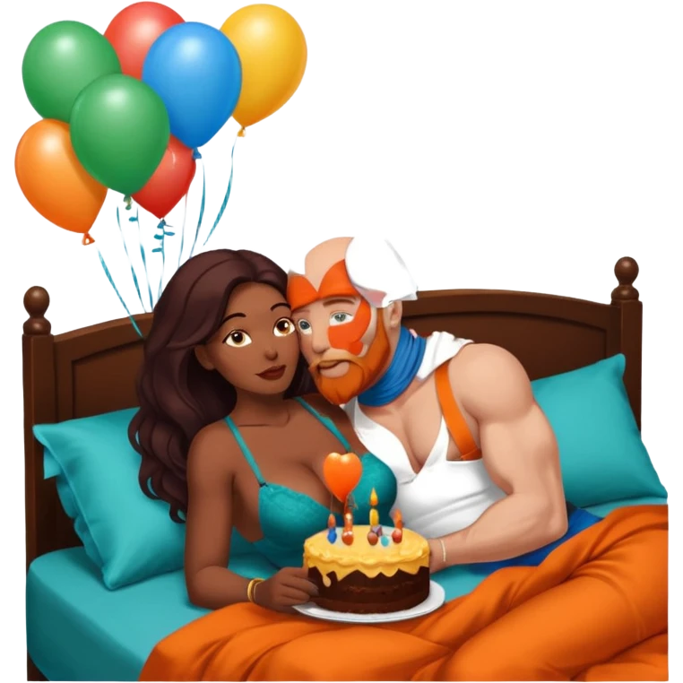 Muscular Bald white male has a orange beard, blue eyes kissing curvy African American dark brown woman wearing long brown black hair and dark green lingerie Laying in bed with chocolate birthday cake and balloons  emoji