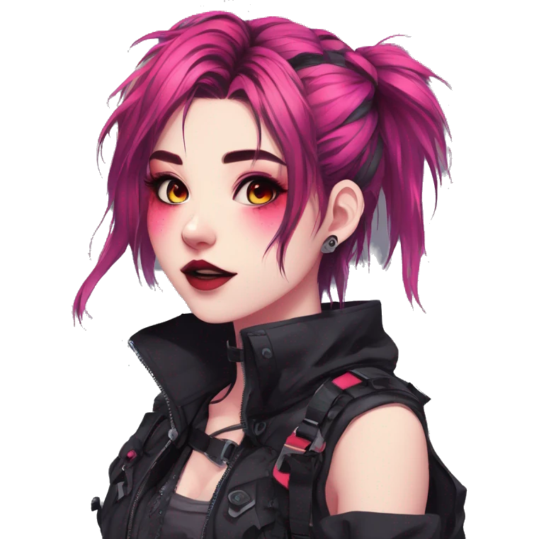 Gorgeous bright colorful neon gothic techwear anime style lady with blushing face aesthetic and pretty edgy black red punk messy hair with collar and harness trending style emoji