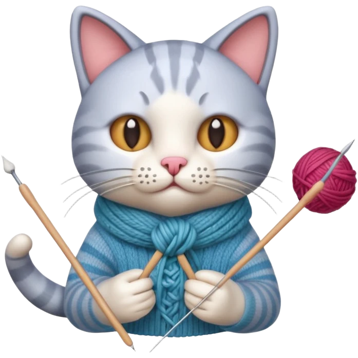 knitting cat portrait, head and shoulders only, cute cat holding knitting needles and yarn, cozy expression, warm handmade vibe, 3D cartoon style, mobile game icon style, clean background, no text, no watermark
 emoji