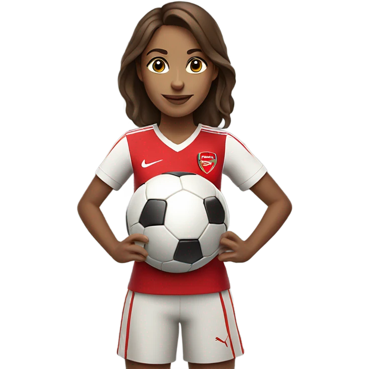 Pretty woman with medium brown hair holding a soccer ball and wearing an Arsenal jersey emoji