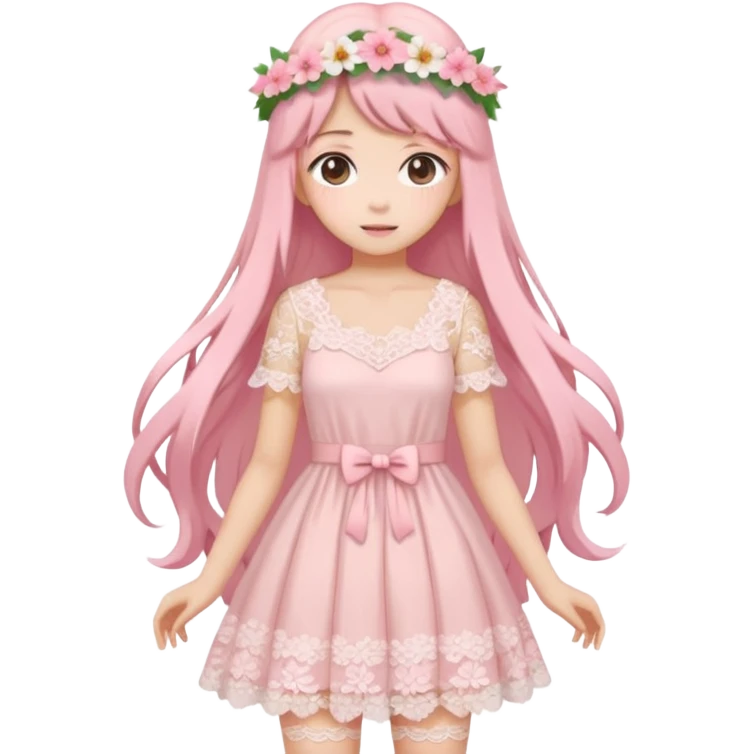 pastel anime woman with pink and white lace dress full body and long hair with flower crown emoji