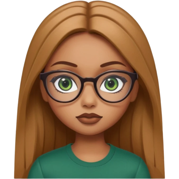 pretty bratz baddie, light brown straight hair, dark green eyes, glasses, pretty eyeliner emoji