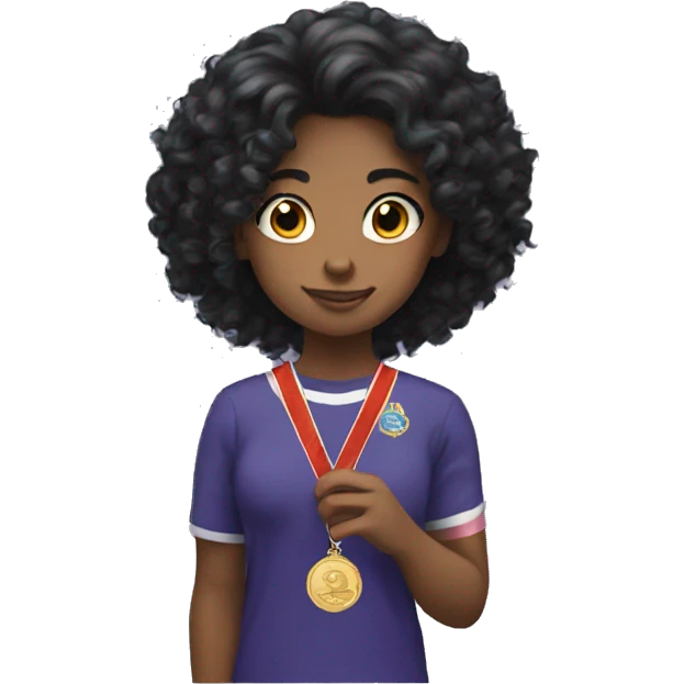 A girl with curly black hair with a medal that says worlds okayest emoji
