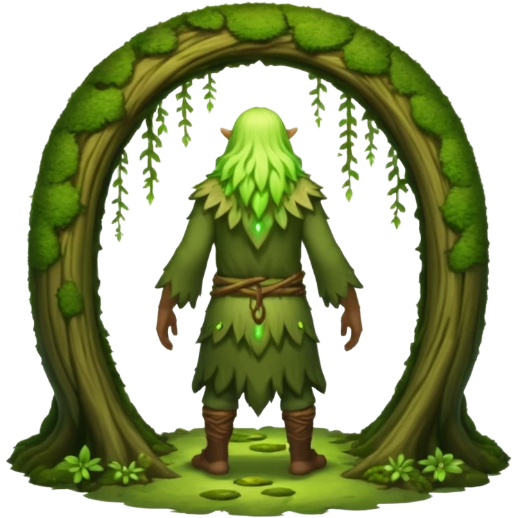 full body moss druid man, from behind walking into glowing forest portal emoji