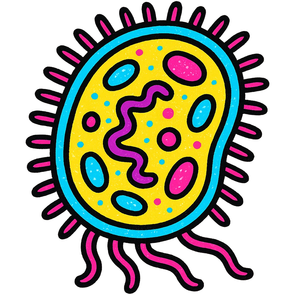 bacterial cell with highlighted organelles, saturated and bright pop colors, clear details emoji