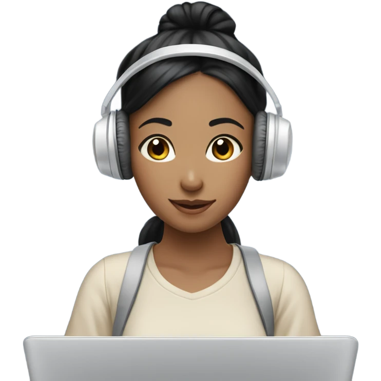 a girl with laptop with a bun hair, headphone, clouds and light bulbs in background, has asian skin tone and black hair color emoji
