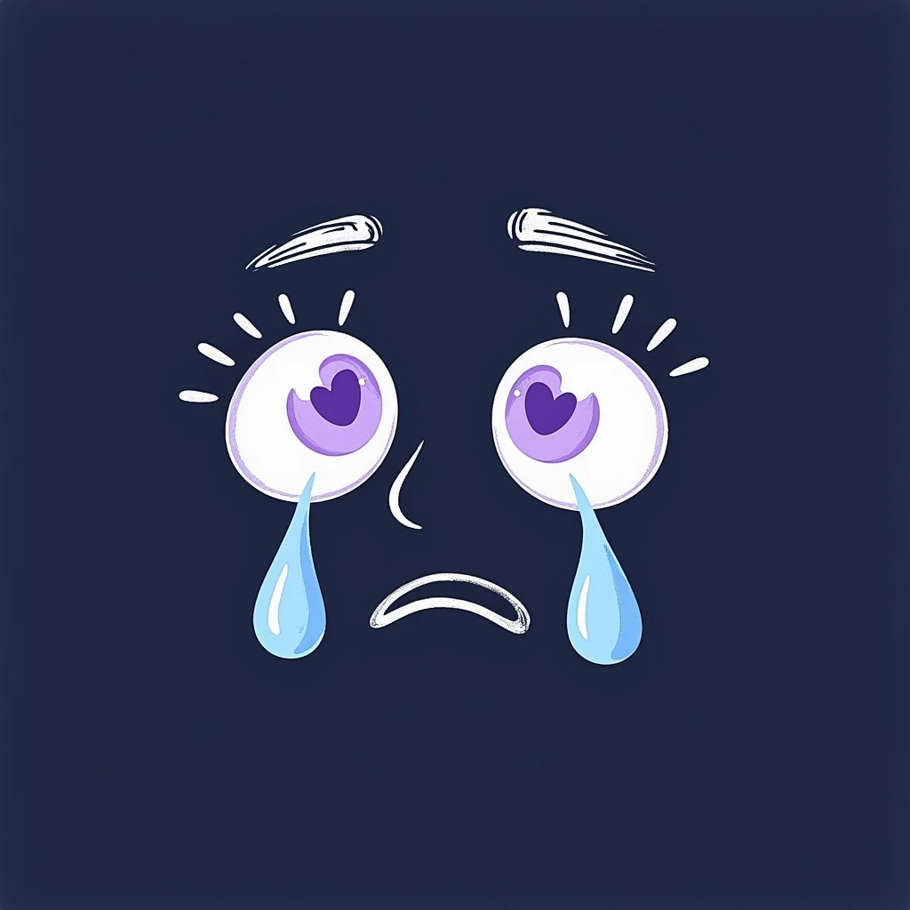 aesthetic chalk-style emoji, large purple eyes with white heart pupils, blue tears, trembling lines, soft frown, upward eyebrows, rough pastel doodle look, drawn on dark background, soft lilac and purple hues, emotional and longing, for Telegram channel emoji