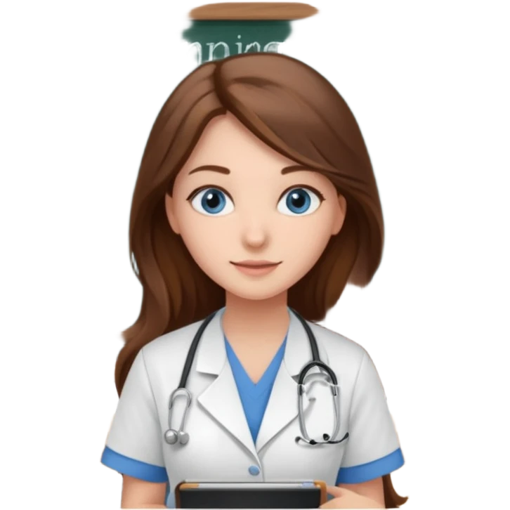 university classroom that says nursing school on the blackboard with a pretty female nursing student with long brown hair, blue eyes emoji