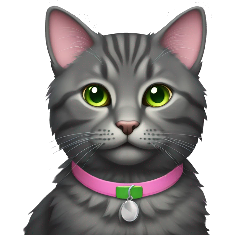 dark grey fluffy tabby cat with green eyes and pink collar emoji