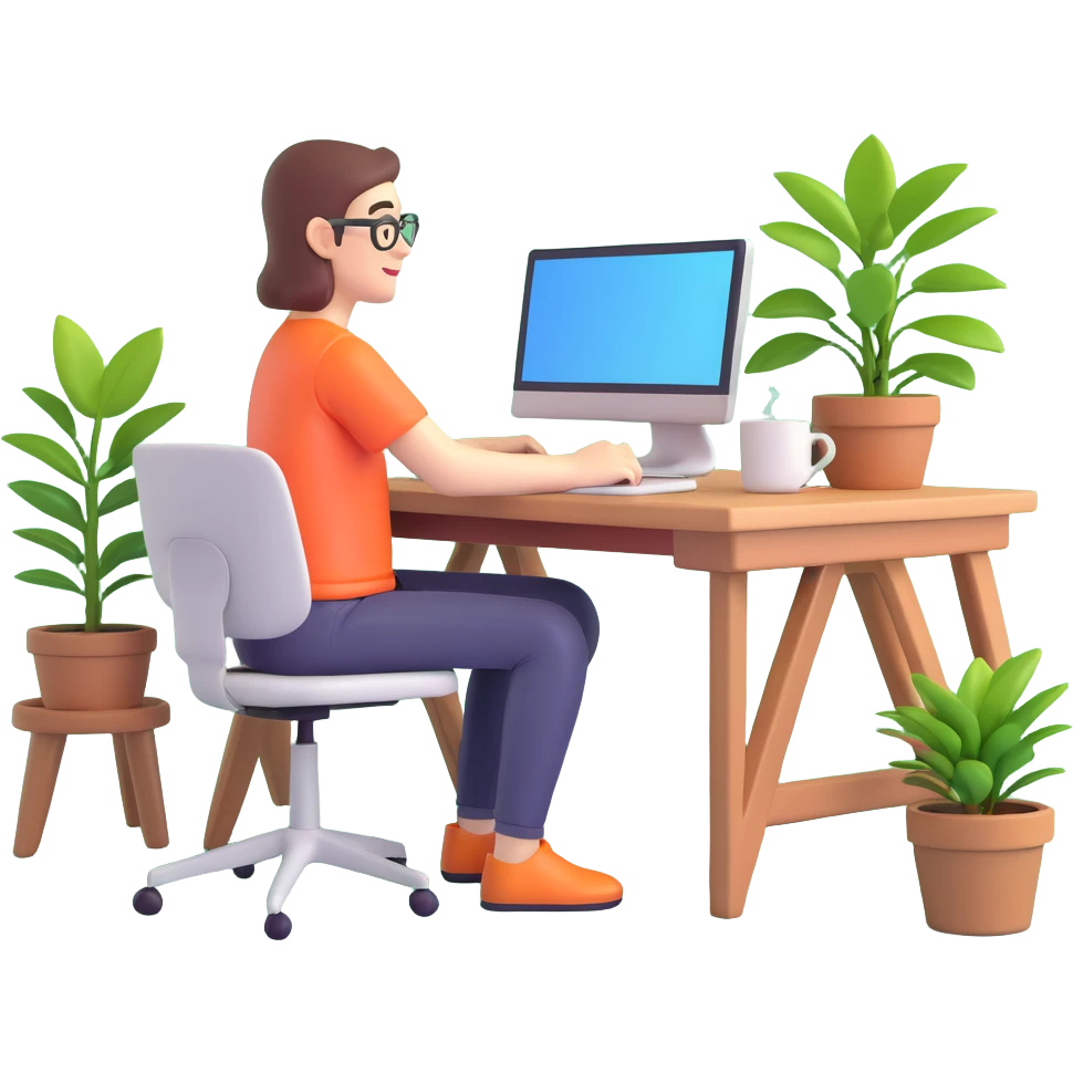 someone working remotely at a computer with a coffee mug and houseplant emoji