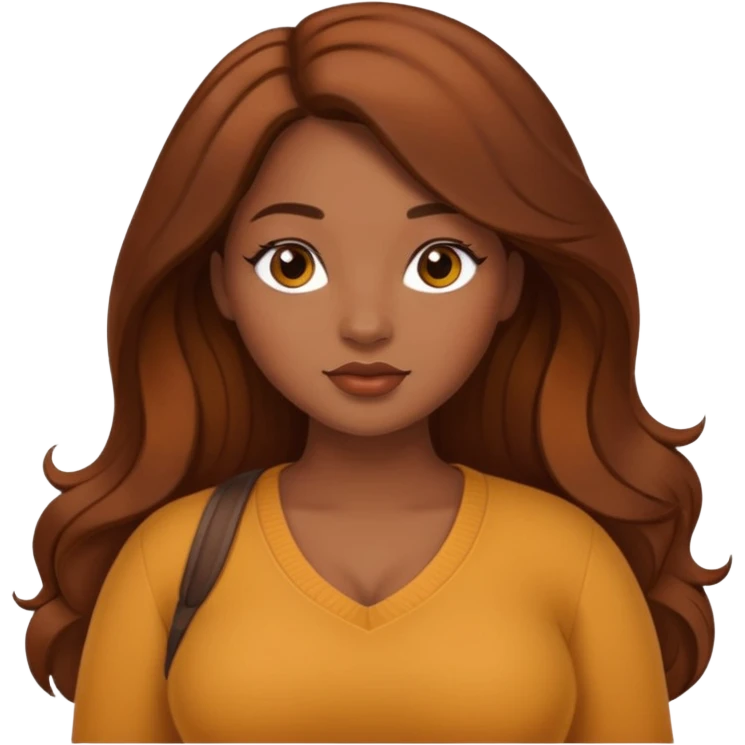 Curvy pretty brown girl with long brown hair, wearing fall colors emoji