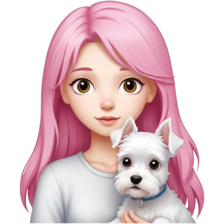 Girl with long pink hair holding a white schnauzer dog emoji