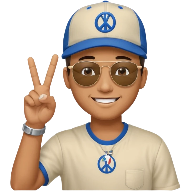 Cool hip guy with NY baseball cap and sunglasses doing a peace sign with one of his hands emoji