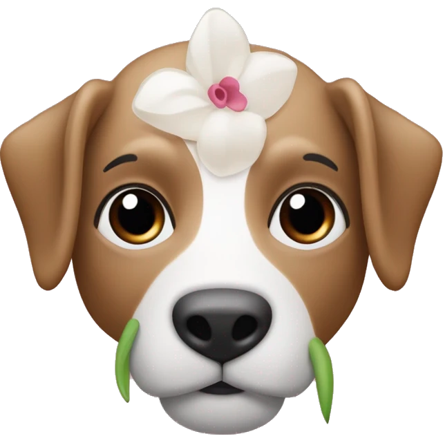un pastore australiano con un fiocco rosa con il naso rosa e una piccola macchia marrone, tutta bianca con qualche macchia rossa e marrone chiaro  emoji