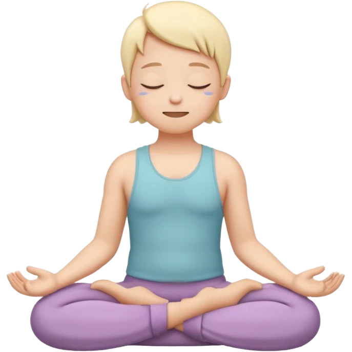 one simplified human character sitting in lotus pose, eyes closed, soft peaceful smile, feeling comfortable alone, calm and mindful mood, flat custom emoji sticker, pastel colors, rounded shapes, minimal details, mental health theme, thick outline, white background, no text emoji