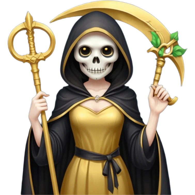 feminine grim reaper in a gold with scythe emoji