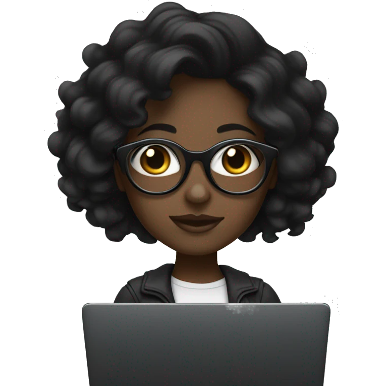 Dark-skinned girl with black wavy hair, wearing clear glasses and a black laptop. emoji