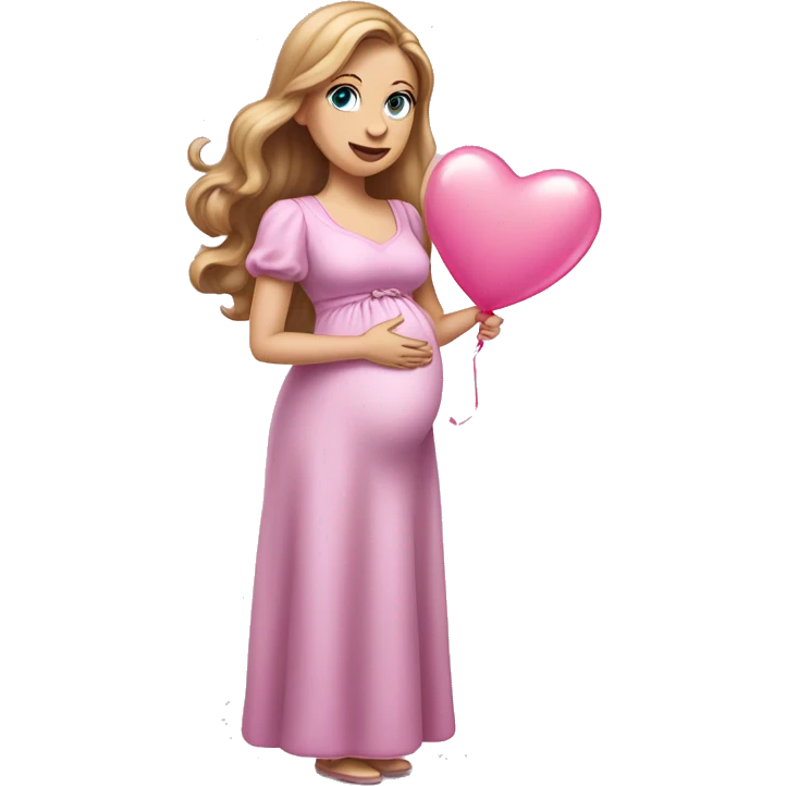 White pregnant lady, with Long Light Brown hair and blue eyes. She is wearing a tight pink dress and a bow,  standing and holding two pink heart balloons. emoji