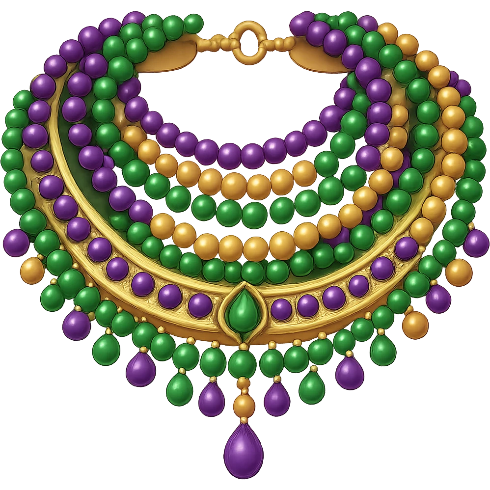 Add Mardi Gras beads to the simple collar while keeping the basic purple, green, and gold ruffles. The style should resemble emoji style with a transparent background. emoji