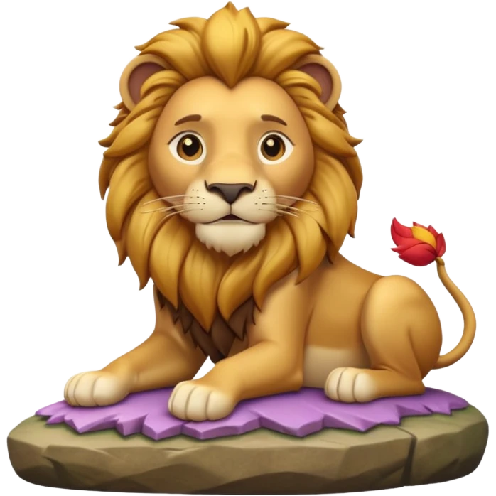 A 3D cartoon lion with a golden mane, sitting proudly on a rock, calm smile, smooth fur, bright warm sunlight, friendly but majestic look, Memoji-style. emoji