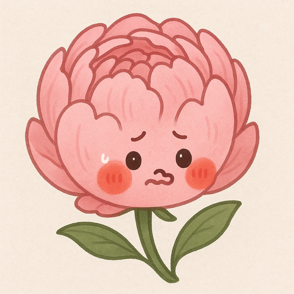 cute pink peony flower, round body, red cheeks, nervous demeanor emoji