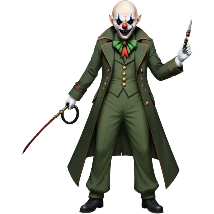 evil clown, bald, small black horns on forehead, fangs, pointed ears, eye patch over one eye, long coat over black and military green leisure suit with bellbottom pants, tail, holding a whip, no knife, realistically proportioned, less bulky, full body, battle-ready, fighting posture emoji