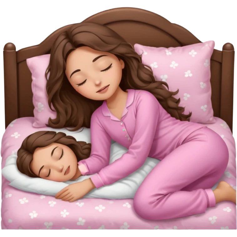 Brunette girl with long wavy brown hair with brown eyes and sleeping on a withe bed with cute pink pjs (just one girl) and with closed eyes emoji