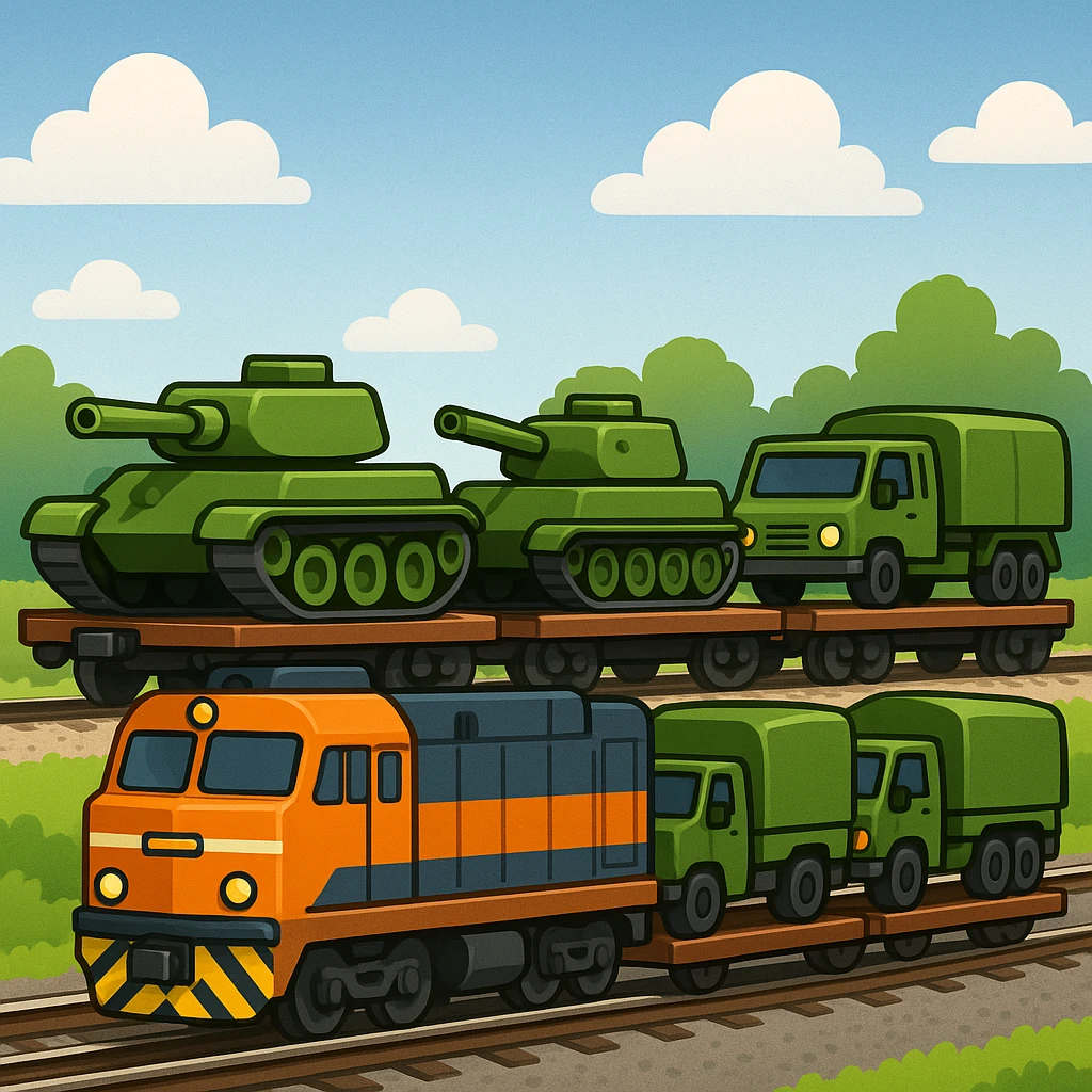 Create a highly realistic image of an ordinary cargo train transporting military equipment such as tanks and trucks, in a classic emoji style. This is variant 1. emoji