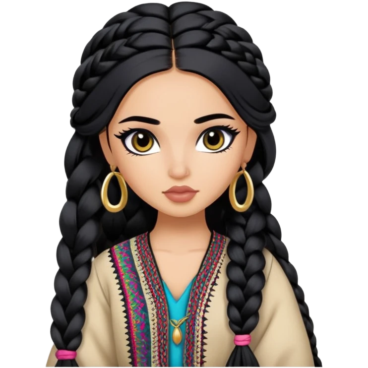 Afghan nose, pretty lips, afghan clothes, medium skin,  long black hair braid, pretty bratz baddie, black eyeliner emoji