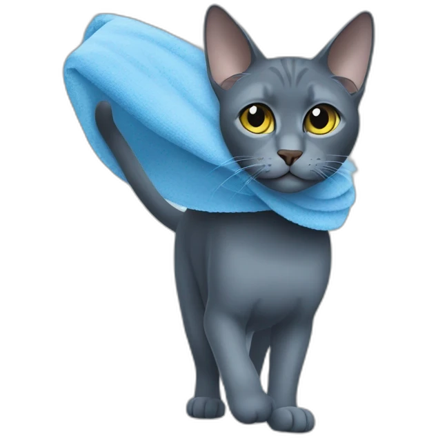 darker russian blue cat walks with blue towel on his mouth emoji