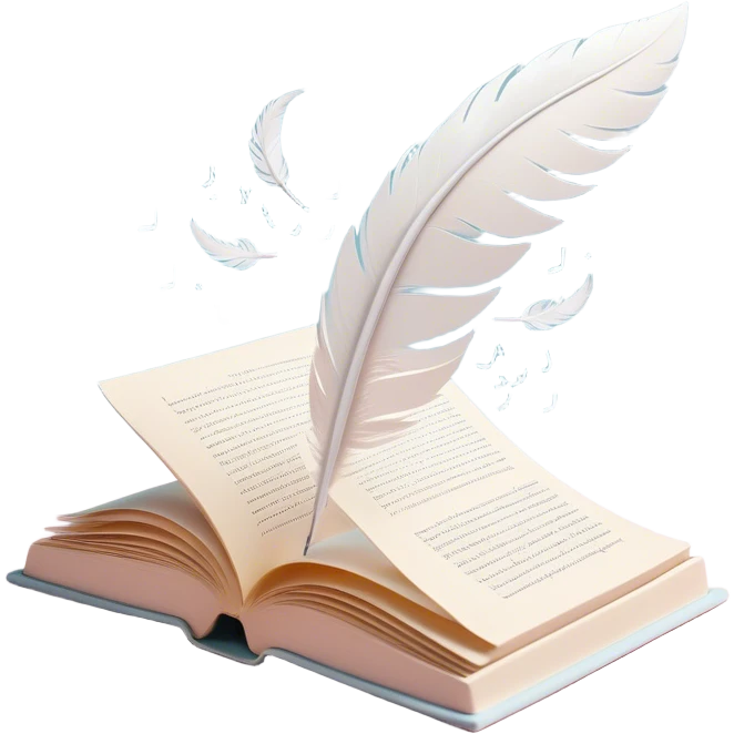 Create a delicate and poetic emoji representing poetry. The design should feature several elegantly flying pages with short poetic columns written on them. The pages should appear light and flowing, almost as if being carried by the wind. Include a white feather gently resting on the pages, symbolizing creativity and inspiration. Use soft, pastel tones to give it a dreamy, artistic feel. The design should feel ethereal and whimsical, capturing the essence of poetry. Make the background transparent. emoji