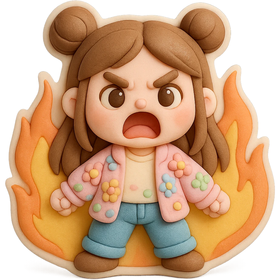 3D chibi fondant cake art style, high-quality rendering with smooth shadows and soft gradients. Girl with long brown hair in two space buns, brown eyes, jeans, pastel floral cardigan, thick white outline like a sticker, transparent background. Screaming angrily while surrounded by flames, preserve facial features. emoji