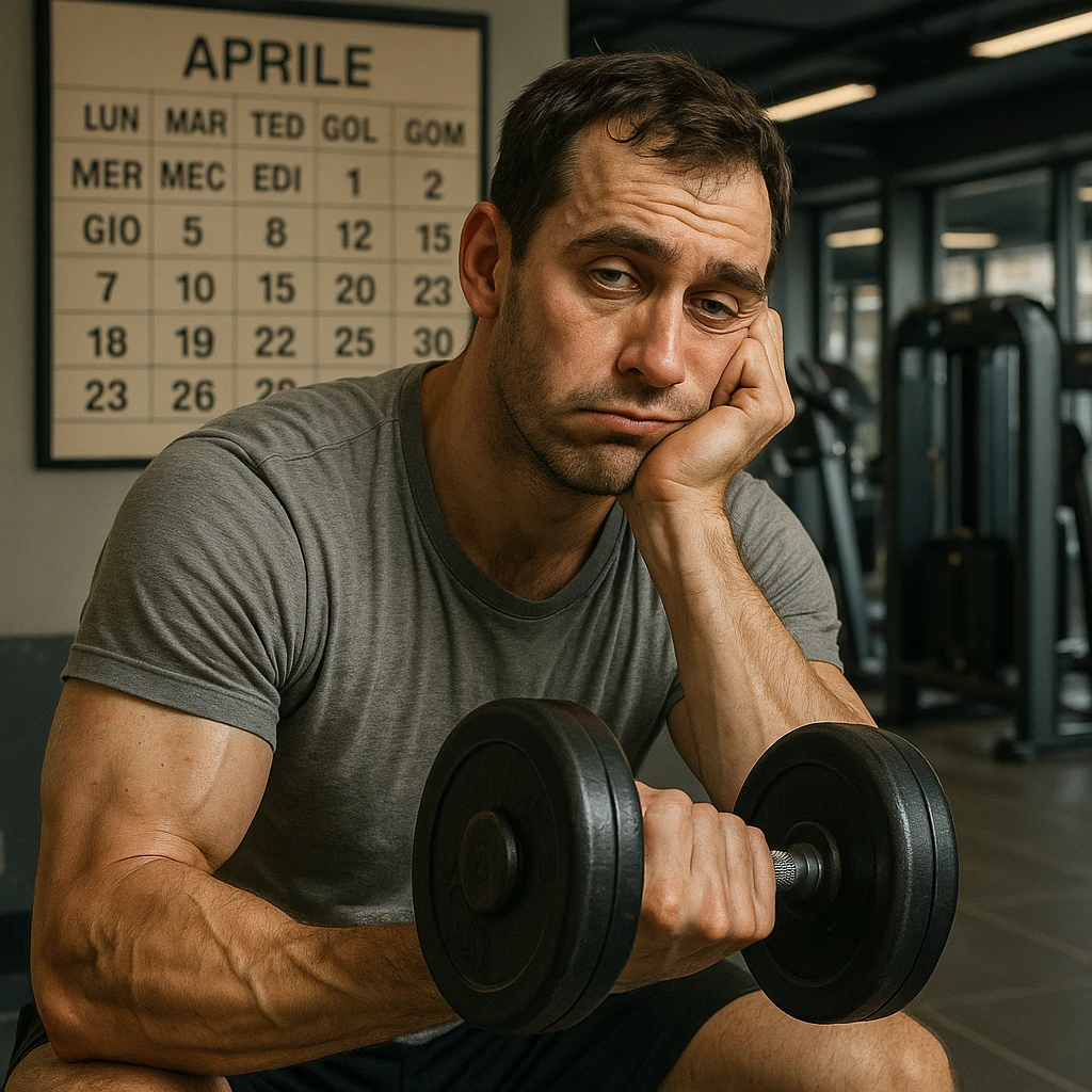 hyper realistic man doing high repetitions in gym, bored expression, calendar in background with days and months written in Italian, anatomical details, atmosphere of wasting time, modern gym background emoji
