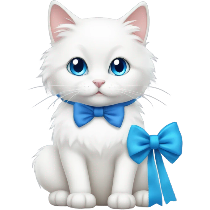 A fluffy white cat with blue eyes sitting with a bow on the left ear emoji