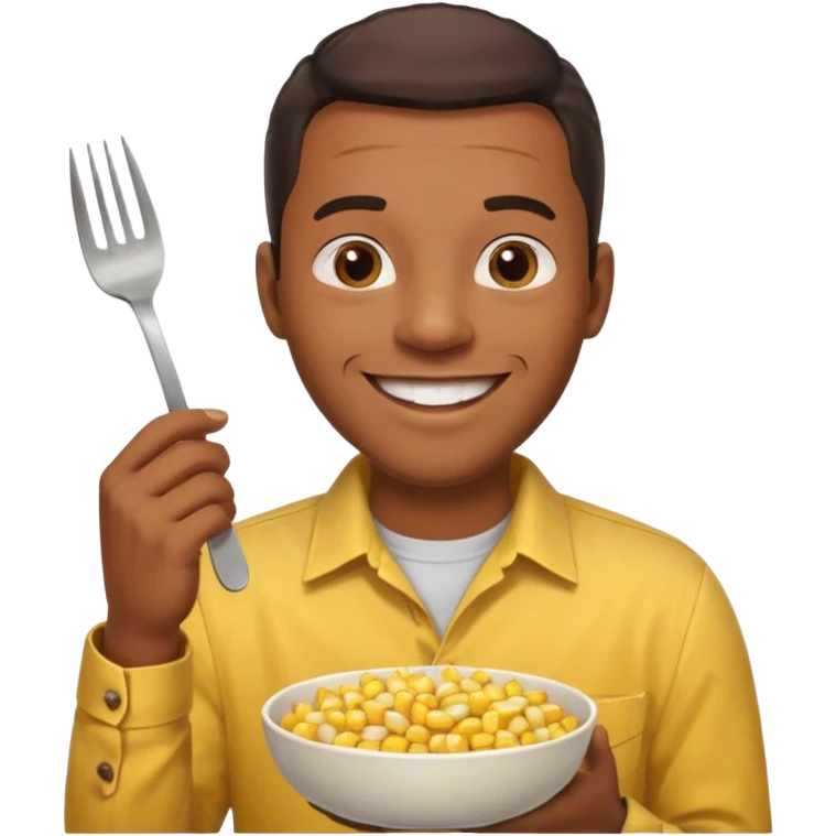 HAPPY BLACK MAN WITH YELLOW OPEN BUTTON-DOWN SHIRT, HOLDING AN FORK AND A COOK CORN BOWL emoji