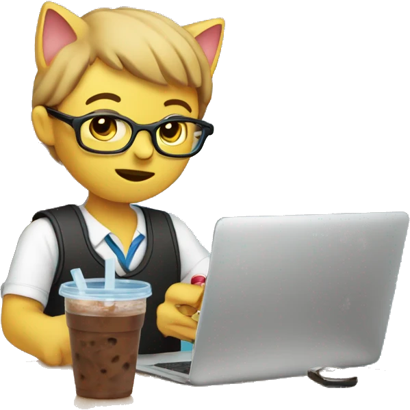 Marketing team member(visual is cat) working while drinking iced coffee emoji