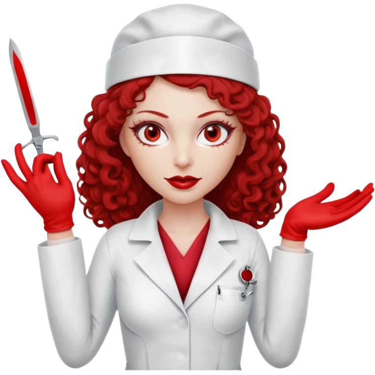 


Scary woman scalpel in hand, evil surgeon sexy surgeon clothes.  She has redcolored  eyes. Her  hair only is free ne brown long curly hair. Wears sexy doctor outfit with red gloves. make her wear red ski mask  to hide. Wears white surgeon coat, wears  stilettos emoji