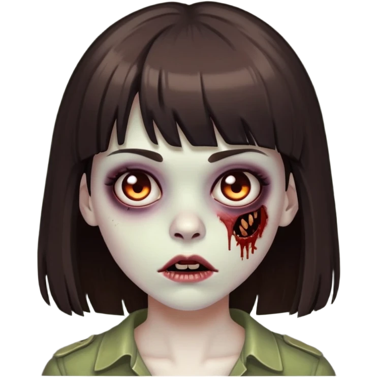 Female zombie emoji with bangs and dark brown hair. emoji
