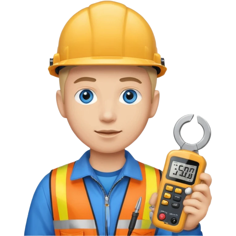 La tercera imagen pero ojos azules, y que lleve en manos una pinza amperimetrica emoji