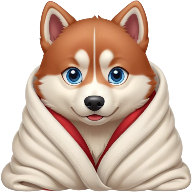 cute, disney-style, red siberian husky with blue eyes cozy in a blanket emoji