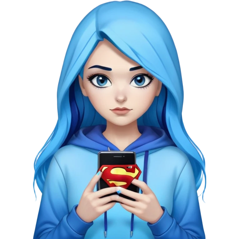 Female-sorry-Very tall-very very very large chest-texting on a samsung cell phone-very long straight black to sky blue hair ombre-blue eyes-black eyeliner-long eyelashes-hoodie with glitter superman logo-leggings-lippierced emoji