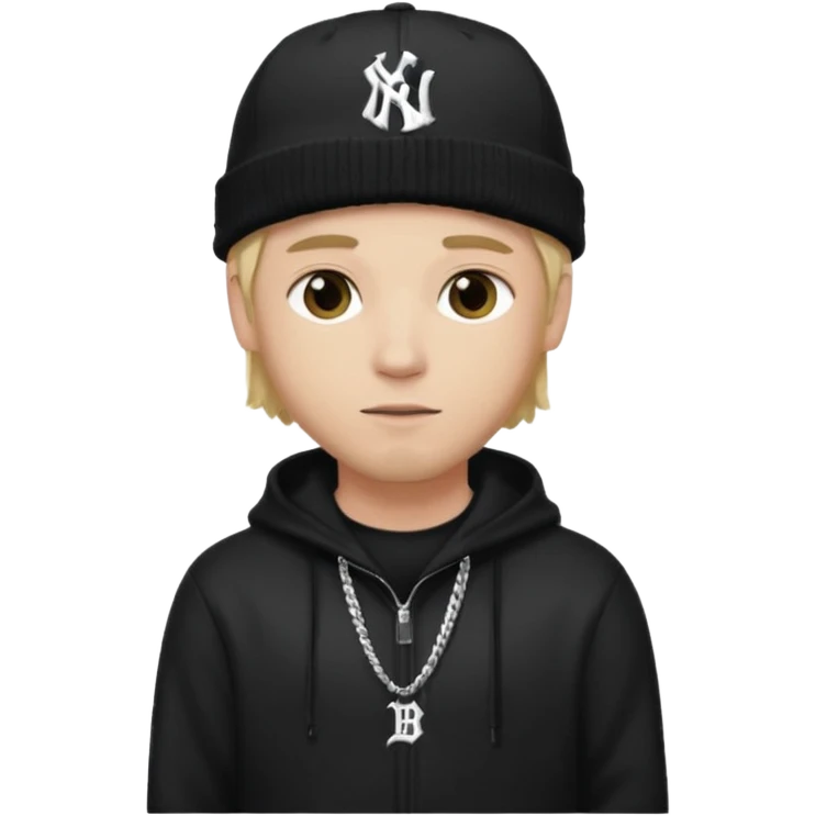 rapper da trắng, tóc vàng, full đen, có mũ len hãng MLB, đẹp trai
 emoji