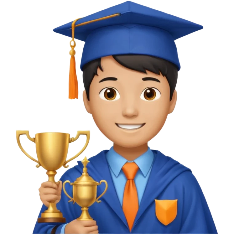 An asian man wearing student hat, blue student mantle and orange tie, holding a trophey emoji
