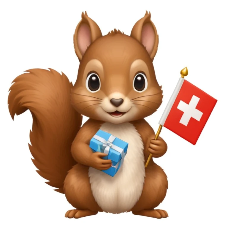 cute squirrel holding a clearly visible gift box in one hand and a Swiss flag in the other, both objects easy to see, simple white background emoji